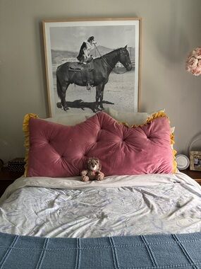 Tufted Velvet Euro Pillow with Yellow Ruffle Trim - Pink